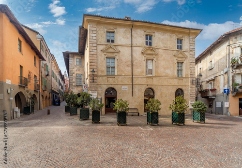Foto Saluzzo, Cuneo, Italy - Piazzetta Santa Maria with the Palazzo dei Vescovi, Palace of the Bishops, seat of the Diocesan Museum of Sacred Art and Diocesan Library