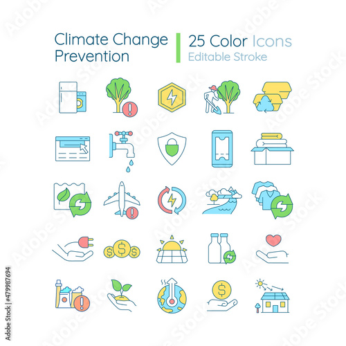 Climate change prevention RGB color icons set. Stop air contamination. Isolated vector illustrations. Simple filled line drawings collection. Editable stroke. Quicksand-Light font used