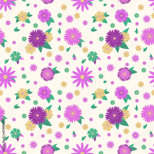 Seamless pattern with floral pattern in pink, purple and pastel colors for fabric or wrapping paper. Vector illustration.