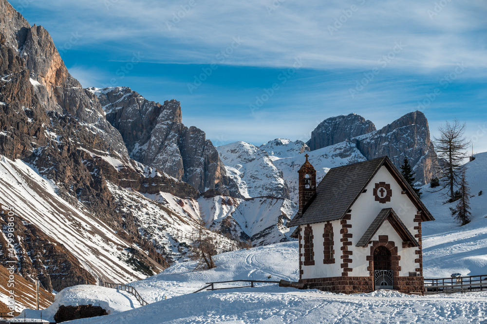 Passo Rolle and the Pale di San Martino. Dolomites in winter.