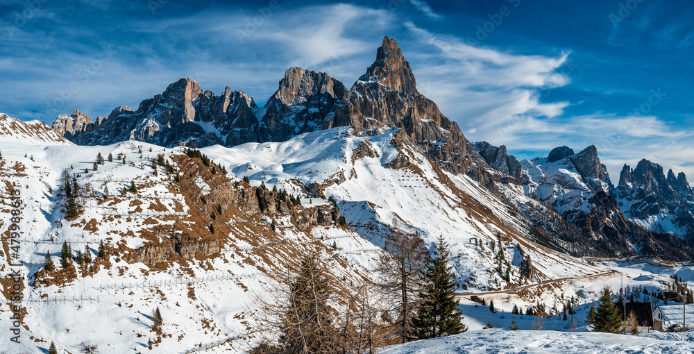 Passo Rolle and the Pale di San Martino. Dolomites in winter.