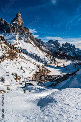 Passo Rolle and the Pale di San Martino. Dolomites in winter.