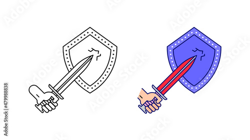 Sword stub to shield icon set. Sword in the air with protection barrier special collection linear icon set. Upload your creative defense related vector. Editable linear icon set.
