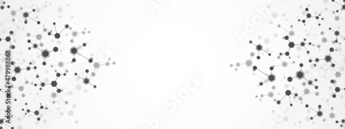 Abstract halftone background frame. Pattern of hexagons, cells connected by lines. Digital network. Plexus of molecules. Chemical element. Poster for social networks, websites, medicine. Vector