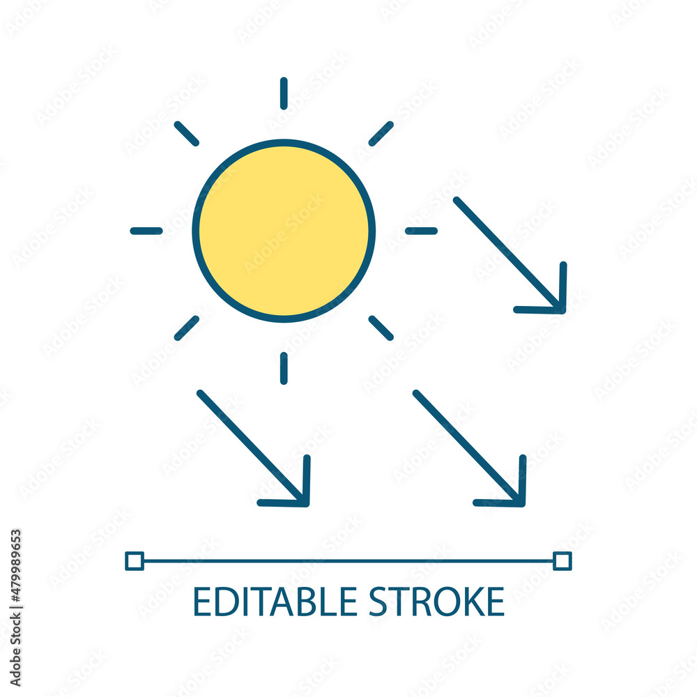 Sunbeams RGB color icon. Sunlight and radiance. Glowing and radiation. Alternative source of energy. Isolated vector illustration. Simple filled line drawing. Editable stroke. Arial font used Sunbeams RGB color icon. Sunlight and radiance. Glowing and radiation. Alternative source of energy. Isolated vector illustration. Simple filled line drawing. Editable stroke. Arial font used