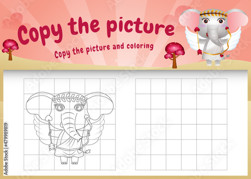 copy the picture kids game and coloring page with a cute elephant using valentine costume
