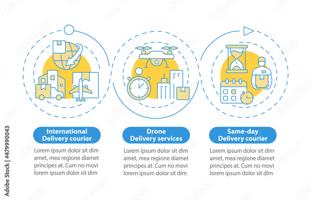 Courier business blue circle infographic template. Shipping service. Data visualization with 3 steps. Process timeline info chart. Workflow layout with line icons. Myriad Pro-Bold, Regular fonts used Courier business blue circle infographic template. Shipping service. Data visualization with 3 steps. Process timeline info chart. Workflow layout with line icons. Myriad Pro-Bold, Regular fonts used