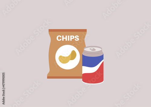 A set of unhealthy supermarket food, a pack of chips, a sweet soda drink
