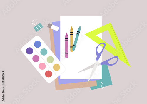 Creative class workshop, a watercolor paint, a set of colour paper, chalks and scissors
