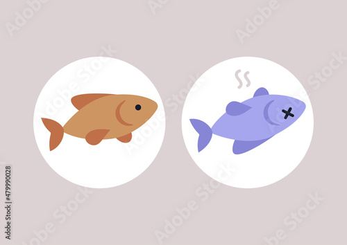 Healthy and poisoned fish icons, contaminated water, environment pollution