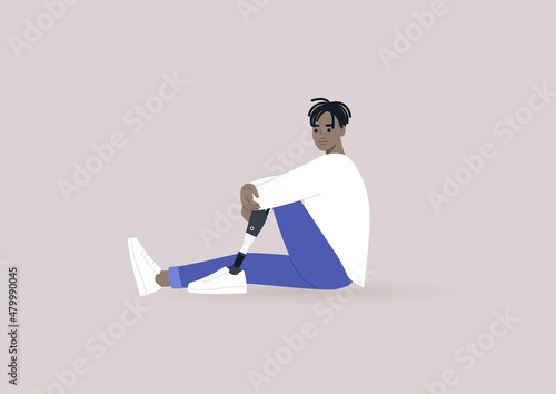A young male African character with a prosthetic leg sitting on a floor