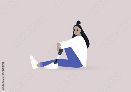 A young female Asian character with a prosthetic leg sitting on a floor