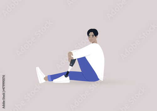 A young male Asian character with a prosthetic leg sitting on a floor