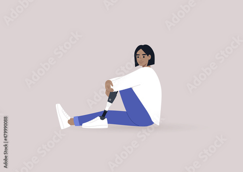 A young female Caucasian character with a prosthetic leg sitting on a floor