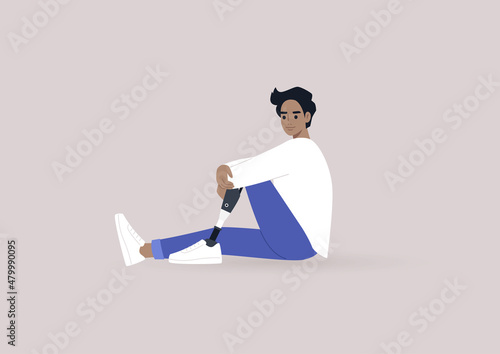 A young male Caucasian character with a prosthetic leg sitting on a floor