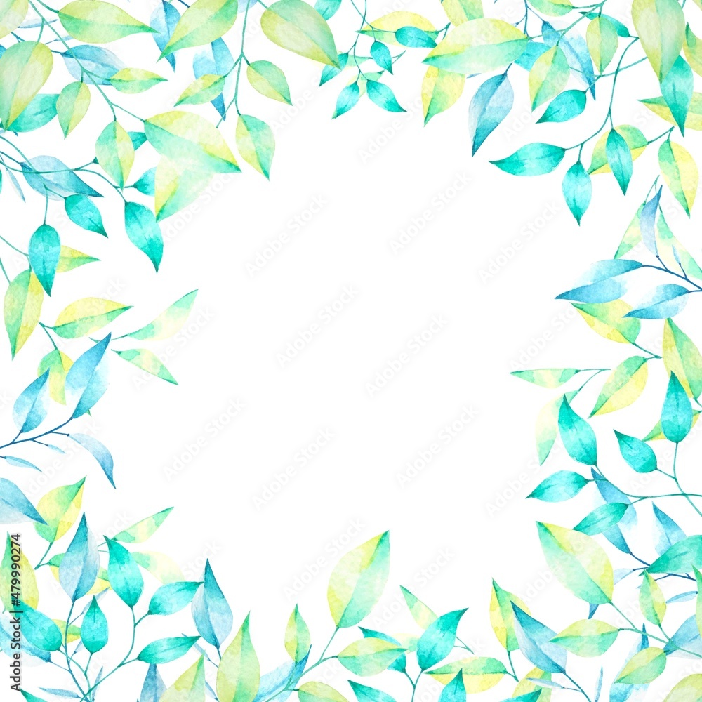 Obraz premium Watercolor leaves and branches frame. Perfect for Invitation cards template
