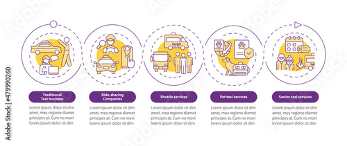 Taxi business types purple circle infographic template. Shipping service. Data visualization with 5 steps. Process timeline info chart. Workflow layout with icons. Myriad Pro-Bold, Regular fonts used