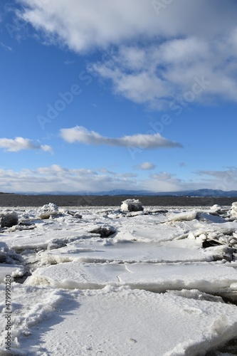 Ice on the shores of the St.Lawrence River, Montmagy, Québec, Canada