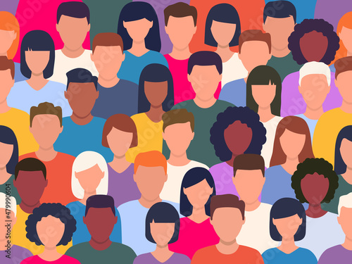 People crowd colorful pattern. Diverse multicultural group of people standing together seamless pattern. Vector human illustration.