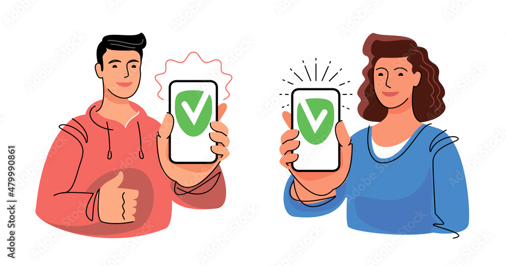 User has successfully registered on the web application. Check mark on smartphone screen. Mobile phone app vector illustration User has successfully registered on the web application. Check mark on smartphone screen. Mobile phone app vector illustration