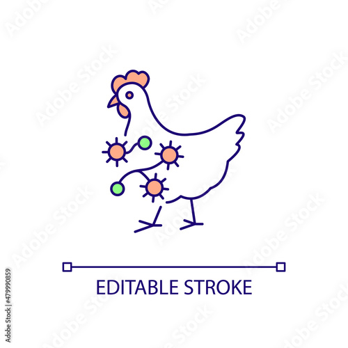 Chicken infected by bacterial disease RGB color icon. Viral infections of poultry. Infected bird. Isolated vector illustration. Simple filled line drawing. Editable stroke. Arial font used