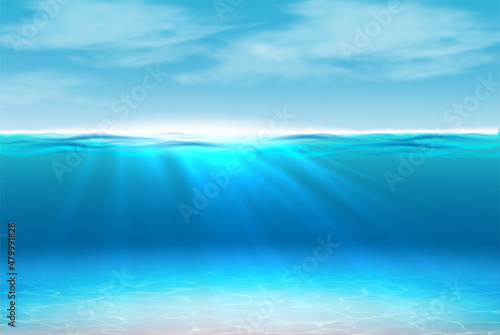 3d realistic background. Underwater ocean with sun rays. Sea side concept with wavy water surface 