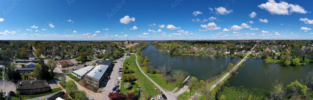 Aerial panorama view of downtown Waterford, Ontario, Canada