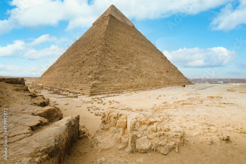 The Pyramid of Khafre is the second-tallest and second-largest of the 3 Ancient Egyptian Pyramids of Giza.