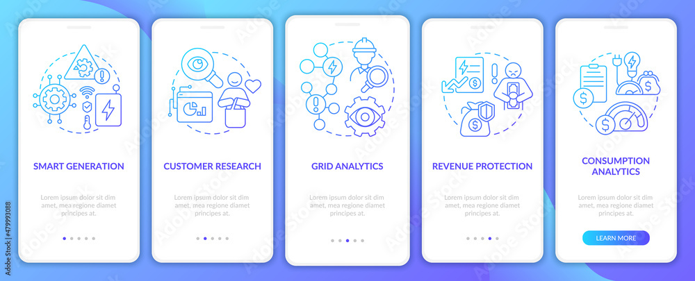 Smart grid possibility blue gradient onboarding mobile app screen. Power walkthrough 5 steps graphic instructions pages with linear concepts. UI, UX, GUI template. Myriad Pro-Bold, Regular fonts used