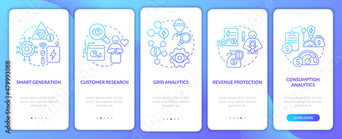 Smart grid possibility blue gradient onboarding mobile app screen. Power walkthrough 5 steps graphic instructions pages with linear concepts. UI, UX, GUI template. Myriad Pro-Bold, Regular fonts used