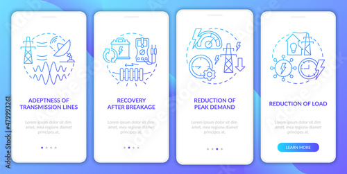 Smart grid applications blue gradient onboarding mobile app screen. Power walkthrough 4 steps graphic instructions pages with linear concepts. UI, UX, GUI template. Myriad Pro-Bold, Regular fonts used