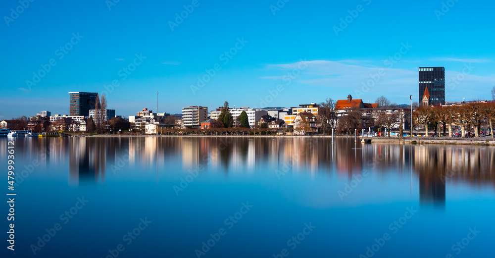 Zug, Switzerland - December 31, 2021: The cityscape of Zug, a political municipality and capital of the Swiss canton of Zug.