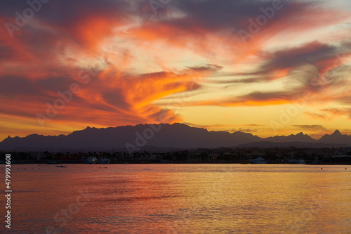 The sunset over the Red Sea at dawn.