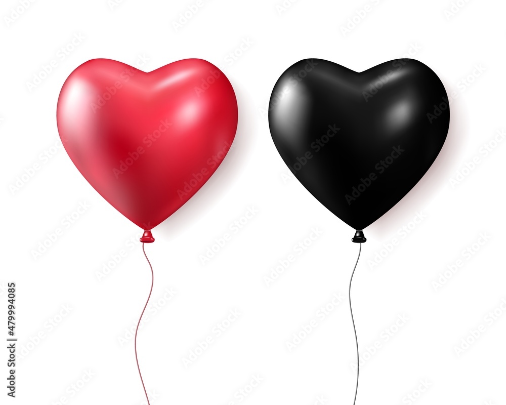 Realistic red and black 3d balloons isolated on transparent background. Air balloons for Birthday parties, celebrate anniversary, weddings festive season decorations. Helium vector balloon.