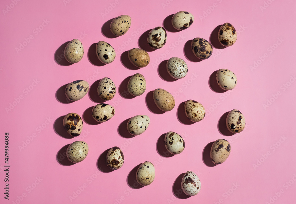 Quail eggs on pastel pink background. Minimal Happy Easter composition. Minimalism or healthy lifestyle diet concept. Quail eggs on pastel pink background. Minimal Happy Easter composition. Minimalism or healthy lifestyle diet concept.