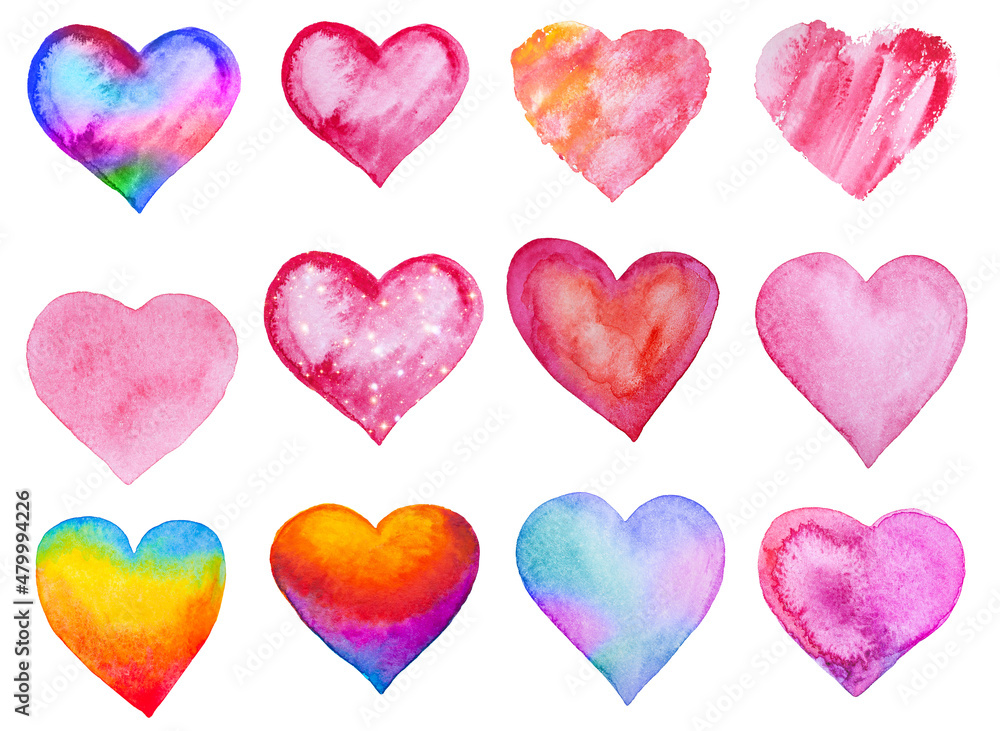 Set of red, pink, rainbow watercolor hearts. Print to Valentine's Day with hearts. Isolated hand painted objects on a white background. 14th february, valentine