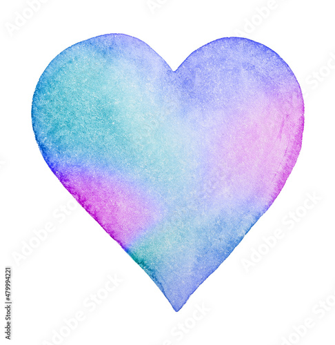 Hand drawn painted lovely rainbow blue heart, watercolor element design. Happy valentines Valentine's Day 14th february poster. Can be used for cards, typography, labels. Isolated objects on white.