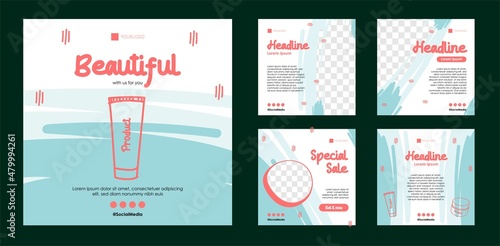 beauty product online marketing template in various blue posts on an abstract background