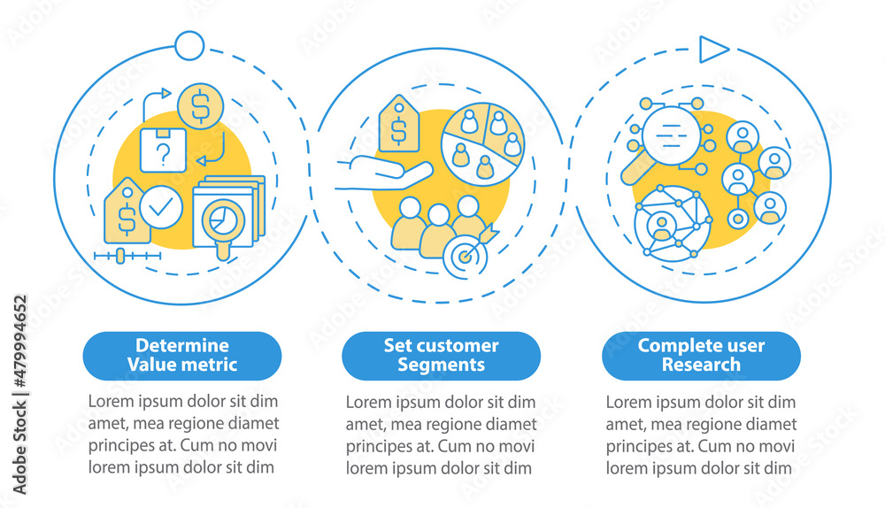 Pricing strategy creation blue circle infographic template. Data visualization with 3 steps. Process timeline info chart. Workflow layout with line icons. Myriad Pro-Bold, Regular fonts used Pricing strategy creation blue circle infographic template. Data visualization with 3 steps. Process timeline info chart. Workflow layout with line icons. Myriad Pro-Bold, Regular fonts used