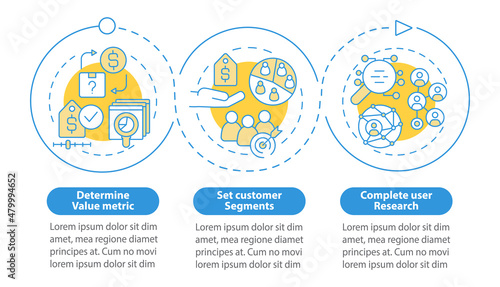 Pricing strategy creation blue circle infographic template. Data visualization with 3 steps. Process timeline info chart. Workflow layout with line icons. Myriad Pro-Bold, Regular fonts used