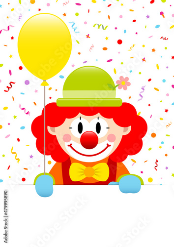 Rothaariger Clown Mit Gelbem Luftballon Banner Luftschlangen Und Konfetti