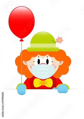 Clown Maske Orange Haare Hält Roten Luftballon Banner