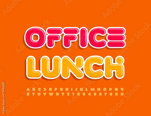 Vector creative emblem Office Lunch with bright Yellow Font. Abstract Alphabet Letters and Numbers set