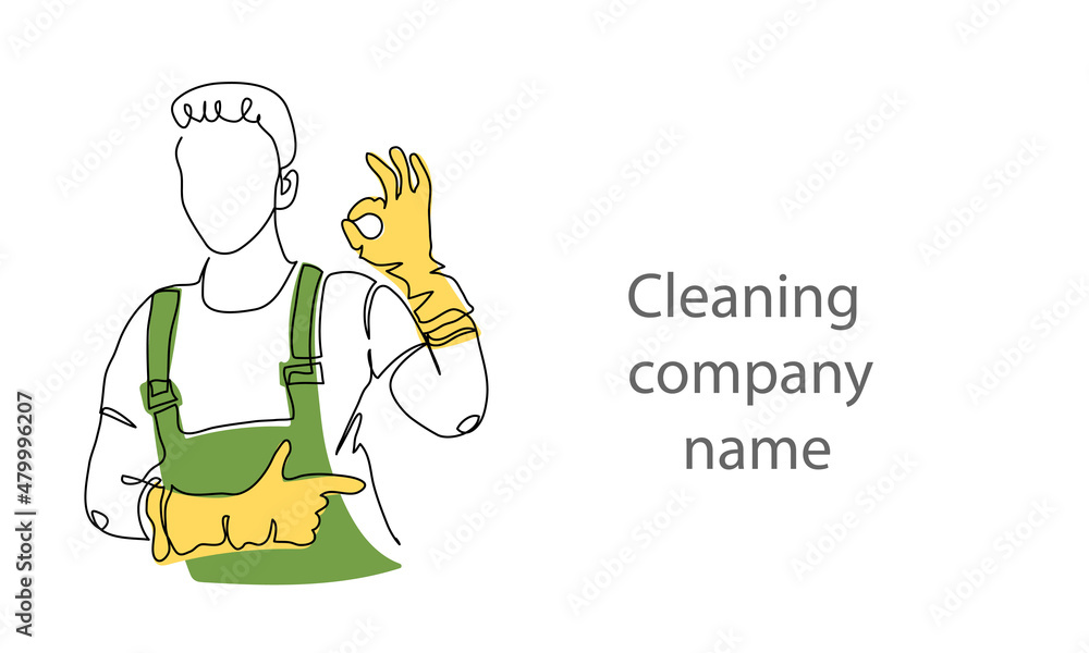 Cleaner man in gloves and apron. The concept of good cleaning service. One continuous line art drawing of cleaner staff