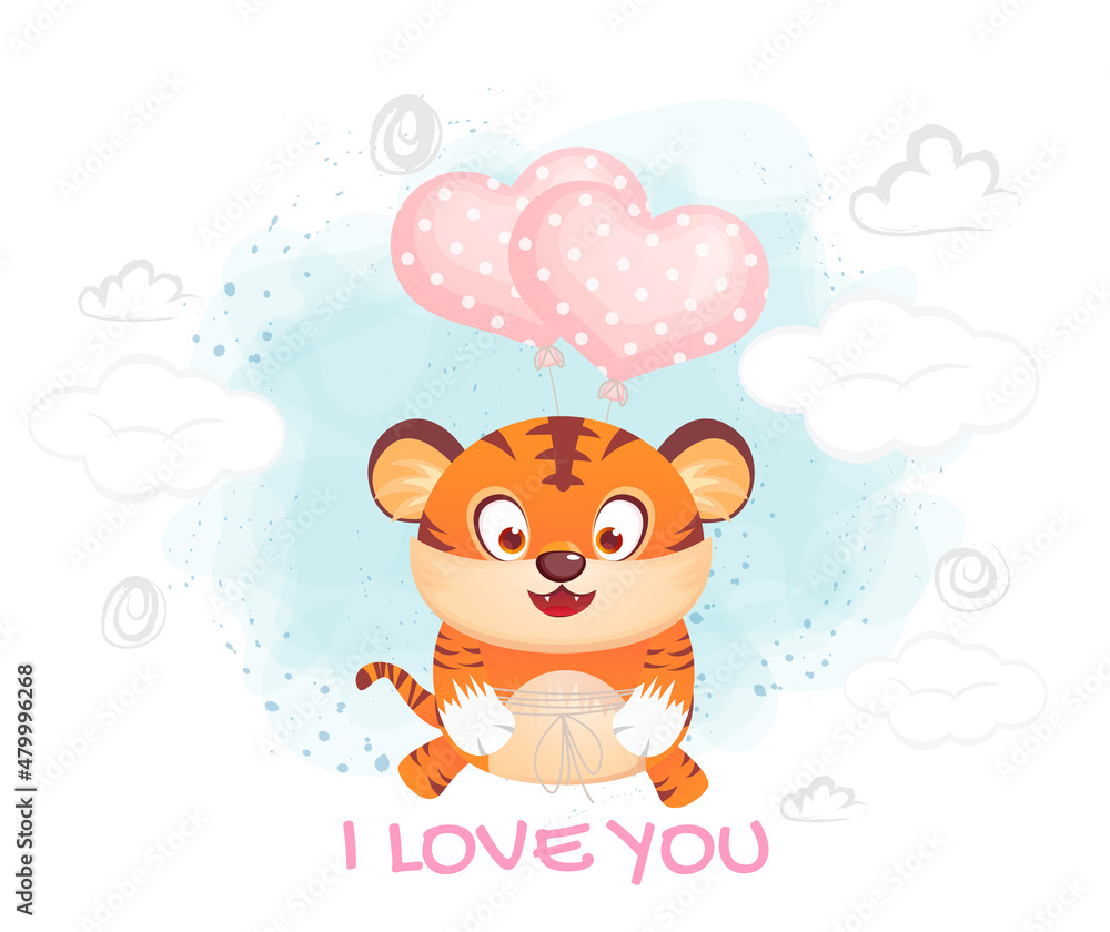 Fototapeta premium Happy valentine's and greeting text with cute tiger flying with heart balloon cartoon character