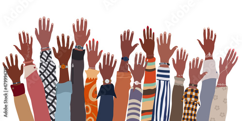 Arms and hands raised up ethnic group of black African and African American men and women. Identity concept - racial equality and justice. Racial discrimination. Diversity people photo