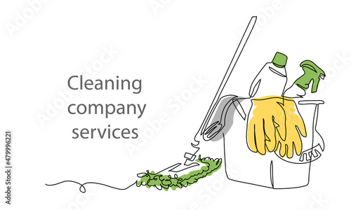 Cleaning tools mop, bucket, detergent, gloves. One continuous line art drawing banner, poster, background with set of cleaning tools