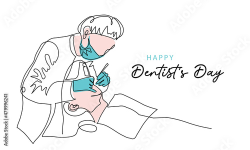 Dentists day simple vector illustration with doctor and patient. One continuous line art drawing background, banner, poster for dentists day celebration photo