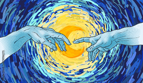 Vector hand drawn illustration of hands reaching in blue dot halftone pop art style on a impressionist style moon.