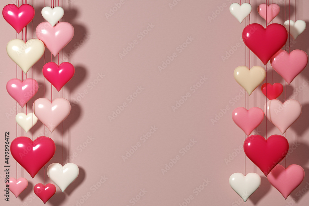 Valentine's day banner pink background with hanging hearts with place for text and copy space